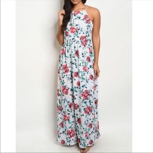 🆕White Striped Floral Sleeveless Maxi Dress